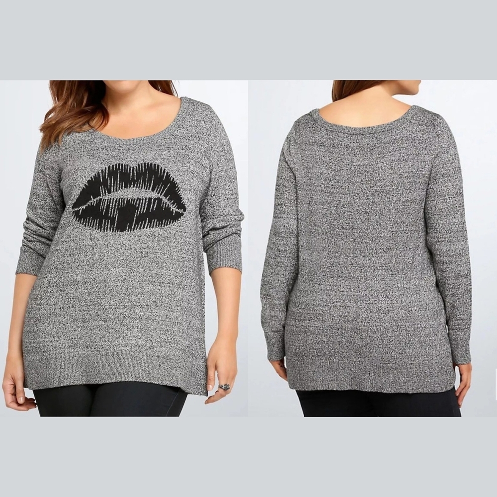 Torrid Gray Graphic Lip Print Sweater, Size 1X